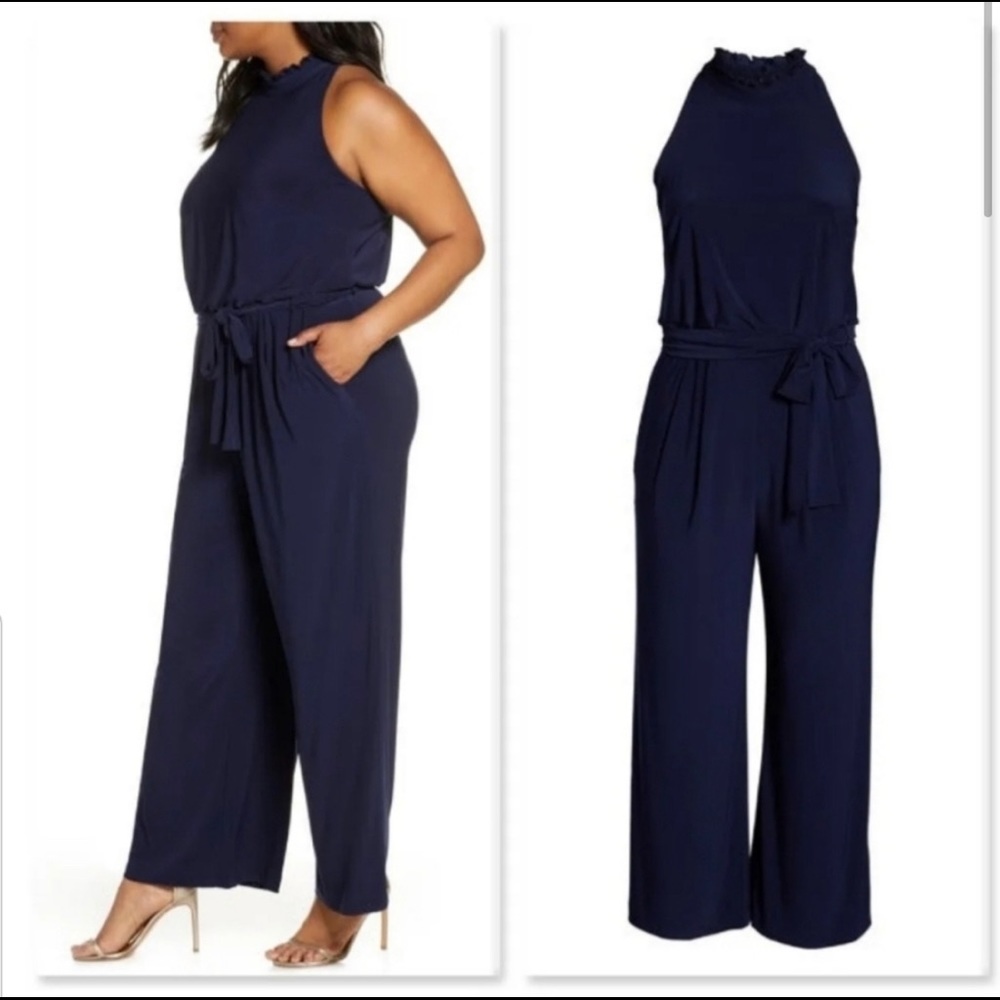 VINCE CAMUTO Womens Navy Belted Sleeveless Collared Wide Leg Jumpsuit Size 16